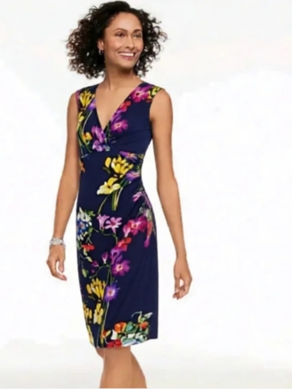 Lauren Ralph Lauren Navy Floral V-Neck Midi Dress